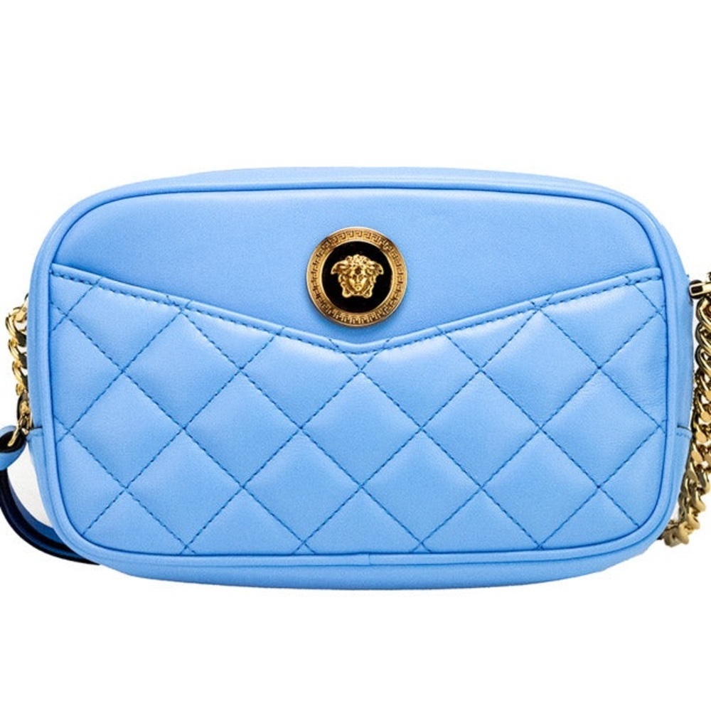 Versace Smooth DV Blue Lamb Leather Quilted Napa Camera Crossbody Handbag NEW - Picture 1 of 8